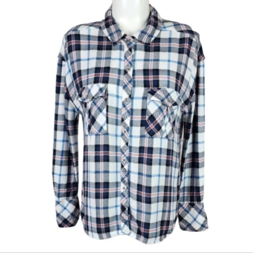 Rails + Free People Button Front Plaid Shirt Rayon White Blues Pink Size XS